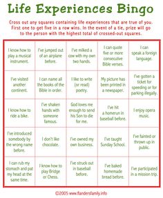 the life experiences bingo game is shown in red and green with white writing on it