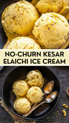 no - churn kesar elaichi ice cream in a bowl with spoons