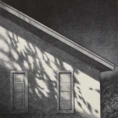 a black and white drawing of two windows on a house's side with the shadow of a tree