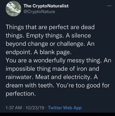 a twitter post with the caption that reads, things that are perfect are dead things empty things