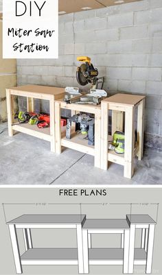 the plans for a diy workbench are shown in two different views, one is