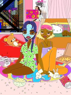 two women sitting on the floor in front of a bed with stuffed animals and teddy bears