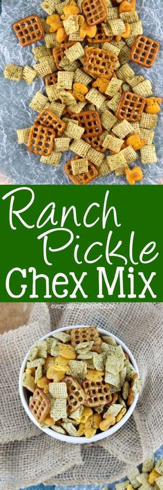 ranch pickle chex mix in a white bowl