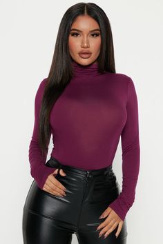 Available In Burgundy, Heather Grey, Khaki, Navy, Rose, Black And Off White Turtle Neck Long Sleeve 95% Rayon 5% Spandex Imported | Pamela Turtle Neck Long Sleeve Top in Magenta size Large by Fashion Nova Glam Closet, Magenta Fashion, White Turtle Neck, Turtle Neck Long Sleeve, Janet Guzman, Elegant Outfits, Khaki Fashion, Bodysuit Fashion, Hack Tool