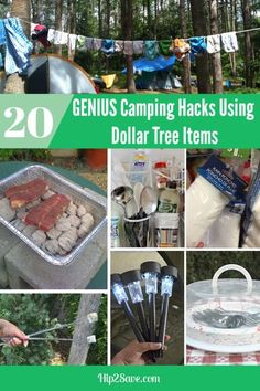 some camping hacks using dollar tree items to make them look like they're on the