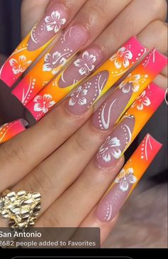 Nails Hawaiian Flowers, Habisquis Flower Nail, Tropical Nails Acrylic, Orange Nails With Design, Tropical Acrylic Nails, Summer Nails Tropical, Bahamas Nails, Hawaiian Flower Nails Acrylic, Long Summer Nails