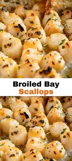 broiled bay scallops in a skillet with text overlay