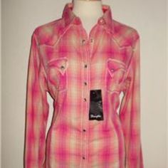 Rock 47 By Wrangler Misses Size X-Large Fashion Western Style Blouse / Top/ Shirt Pink Plaid In Color Snap Front Closure Rhinestone Adorned Front And Back Yoke Long Sleeves With Double Snap Closure Rounded Hemline 55% Cotton 45% Polyester Nwt Cpmer Relaxed Fit Tops For Country Concerts, Western Style Tops For Country Concerts, Casual Pink Tops For Rodeo, Pink Plaid Shirt, Hot Pink Shirt, Button Up Shirt Womens, Blue Denim Shirt, Long Sleeve Fashion, Wrangler Shirts