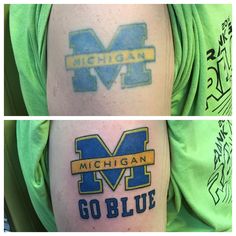 two different images of michigan and go blue tattoos on the arm, one with michigan's logo