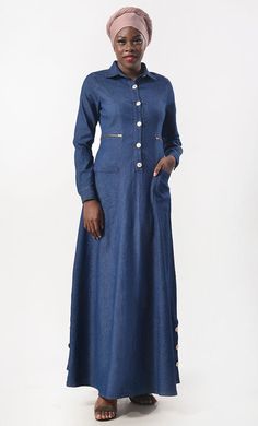 Modest Denim Buttons Detailing Abaya Elegant Collared Denim Dress For Work, Elegant Denim Dress With Button Closure For Work, Elegant Denim Dress With Button Closure, Elegant Denim Dress With Buttons, Elegant Button-up Denim Dress For Fall, Elegant Denim Dress With Button Closure For Fall, Elegant Button-up Denim Dress With Pockets, Classic Denim Dress For Work With Button Closure, Elegant Long Sleeve Denim Dress With Button Closure