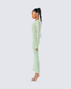 Stay in mint condition in this green sweater knit midi dress 💚 Complete with a wide rib knit stitch, a crew neck, and a midi length - this earthy dress will have everyone calling you mother 🍃😜 Long Green Midi Dress For Fall, Green Knit Midi Dress For Spring, Green Loungewear Dress For Fall, Green Fall Dresses For Loungewear, Green Lounge Dresses For Fall, Green Dresses For Fall Loungewear, Green Midi Length Loungewear Dress, Green Ribbed Sweater Dress For Fall, Long Ribbed Knit Midi Dress