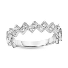 Charming and more elegant than meets the eye, this sparkling vintage-inspired diamond stackable band shimmers with detail. Crafted in cool 10K white gold, this zig-zag style is actually created with milgrain-edged tilted rectangles filled with duos of dazzling diamonds. Radiant with 1/4 ct. t.w. of diamonds and a brilliant buffed luster, this design shines when worn alone or in heirloom-themed stacks. Size: 7.  Gender: female.  Age Group: adult. Classic Stackable Cubic Zirconia Bands, Timeless Stackable Diamond Ring For Anniversary, Classic Stackable Diamond Ring For Formal Occasions, Formal Stackable Bands With Cubic Zirconia, Formal Stackable Cubic Zirconia Bands, Diamond White Stackable Diamond Ring For Anniversary, Diamond White Stackable Anniversary Diamond Ring, Stackable Diamond White Diamond Ring For Anniversary, Classic Diamond White Stackable Eternity Band