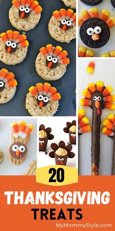 thanksgiving treats for kids that include cookies, candy bars and turkeys to make them look like