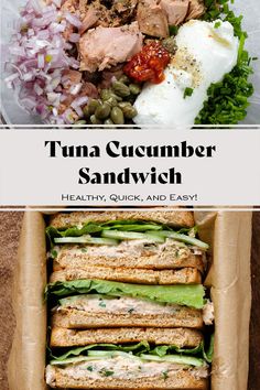 tuna and cucumber sandwich in a cardboard box with text overlay