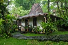 a small white house surrounded by trees and greenery