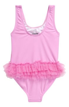 Let your kiddo's imagination run wild as they splash and play in this ruffled one-piece swimsuit defined by an adorable caticorn appliqué detail. Pull-on style 82% nylon, 18% spandex Machine wash, line dry Imported Playful Ruffled Swimwear For Summer, Stretch Swimwear For Summer Playtime, Playful Pink Ruffled Swimwear, Beach Season Ruffled Swimwear, Playful Pink Swimwear For Playwear, Cute Stretch Onesie For Summer, Cute Stretch Summer Onesie, Playful Stretch Swimwear For Playtime, Pink Ruffled One-piece Swimsuit For The Beach