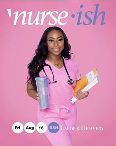 a woman in pink scrubs is holding a cup and some toothbrushes on a pink background