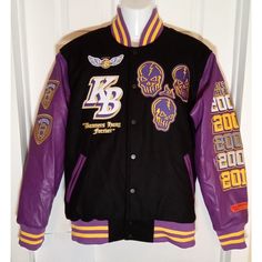 Nwt. Show Your Love For Basketball Legend Kobe Bryant With This Varsity Jacket From Brand X. The Jacket Features A Black And Purple Color Scheme With Various Patches And Graphics That Celebrate Kobe's Achievements In The National Basketball Association (Nba). The Front Of The Jacket Has 6 Snap Buttons And 2 Pockets, While The Back Displays A Graphic Print Of "Staples Center". The Jacket Is Made Of 100% Wool And Has A Chest Measurement Of 23 Inches And A Length Of 28 Inches. The Right Sleeve Feat Casual Purple Outerwear For College, Winter College Outerwear In Purple, Winter College Purple Outerwear, Purple Varsity Outerwear For Fall, Casual Purple Varsity Jacket For Winter, Varsity Purple Outerwear For Fall, Fitted Purple Outerwear For Streetwear, Purple Varsity Jacket For Fall Streetwear, Casual Purple Varsity Jacket For College