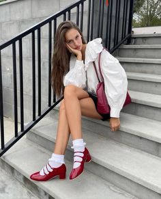 Outfits With Red Heels Classy, Red Maryjanes Shoes Outfit, Cherry Red Mary Janes Outfit, Red Mary Jane Heels Outfit, Outfits With Red Mary Janes, Mary Jane Red Shoes Outfit, Red Mary Jane Shoes Outfit, Red Ballerinas Outfit, Mary Jane Heels Outfit