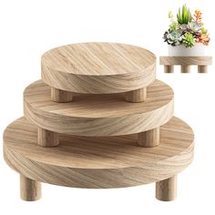 three tiered wooden table with succulent plant in the middle and on top