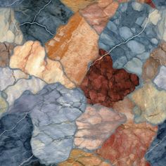 an abstract painting with rocks and grass in different colors, including blue, red, yellow, orange, and brown