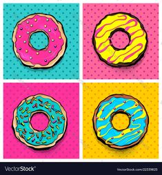 four different colored donuts with sprinkles in pop art style on colorful background