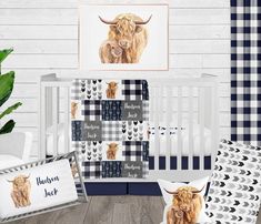 a baby's nursery room with buffalo prints