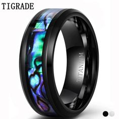 black ceramic ring with blue and green marble inlay