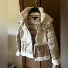 Nwt French Connection Vegan Leather Sherpa Coat Beige Sherpa Outerwear For Winter, Beige Outerwear With Faux Fur Lining For Cold Weather, Casual Cream Outerwear With Faux Fur Trim, Beige Outerwear For Cold Weather, Cream Fleece-lined Outerwear For Fall, Beige Sherpa Hooded Outerwear, Cream Outerwear With Faux Fur Lining For Winter, Cream Winter Outerwear With Faux Fur Lining, Cream Outerwear With Fleece Lining For Cold Weather