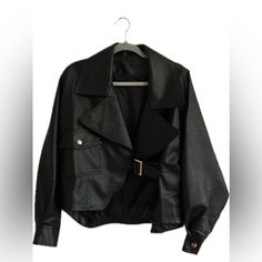 Oversized Black Leather Jacket With Silver Belt Perfect For The Fall Season! Shein Size Small Excellent Condition Never Worn Oversized Chic Biker Jacket For Fall, Oversized Black Biker Jacket For Work, Oversized Black Cropped Jacket For Winter, Chic Black Biker Jacket With Pockets, Oversized Black Leather Jacket, Shein Jackets, Silver Belt, Silver Belts, Black Leather Jacket