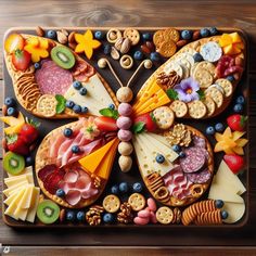 a butterfly shaped platter filled with cheese, crackers, fruit and other foods