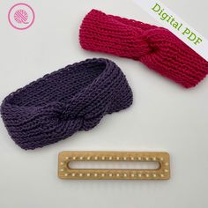 two knitted headbands and a wooden comb on a white surface with the words digital pdf written below it