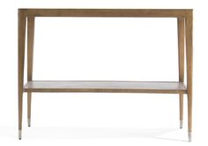 the side table is made from wood and has two shelves on each side, one shelf with