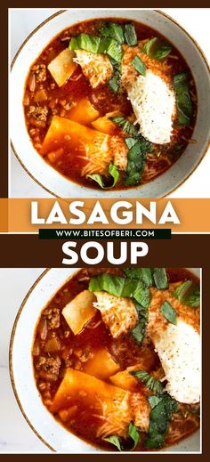 two bowls of lasagna soup with cheese and spinach on top, one in the