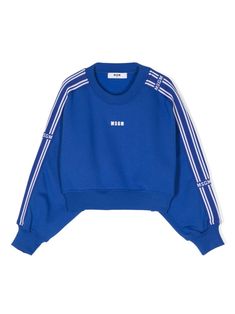 royal blue cotton jersey texture crew neck grosgrain ribbon trim logo trim drop shoulder long sleeves ribbed cuffs and hem cropped fleece lining Pjo Oc, Msgm Kids, Blue Crop Top, Crop Top Hoodie, Blue Crop Tops, Cropped Sweatshirt, Hoodie Girl, Ribbon Trim, Crop Sweatshirt