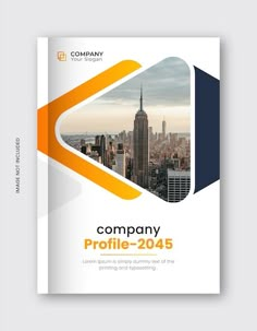 the company profile brochure is shown in orange and blue colors, with an image of