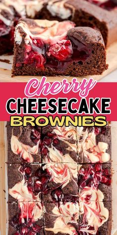 cherry cheesecake brownies on a cutting board with text overlay