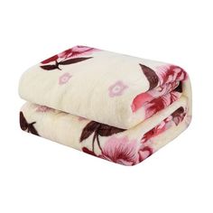 two blankets with pink flowers on them, one is white and the other is red