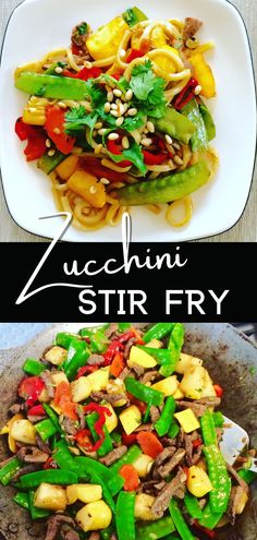 two plates with different types of food on them and the words zucchini stir fry