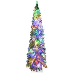 a multicolored christmas tree with lights on it's sides and a white background