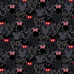 mickey and minnie mouse heads on black fabric