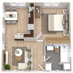 an overhead view of a two bedroom, one bath apartment with living room and kitchen