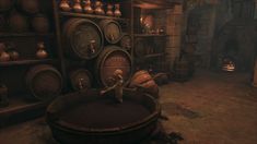 a room with lots of barrels in it