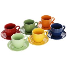 six cups and saucers in different colors