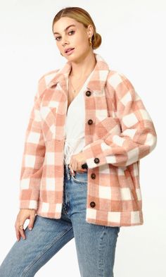 The Lydia Shacket returns in a dusty pink check pattern. Meant to be worn oversized, this jacket has the ability to keep you warm, and comfortable, and become the first option as a throw-over layer when it gets colder. Detailed with two front chest pockets, two side pockets, and a button-down front closure. Shacket  Ov Spring Coats, Spring Outerwear, Spring Coat, Luxury Women Fashion, Check Pattern, Dusty Pink, Modern Woman, Autumn Winter Fashion, Winter Fashion