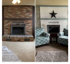 before and after pictures of a brick fireplace in a living room with blue couches