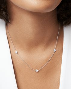 Set on a 14k gold chain, three stunning lab-grown diamonds catch the light and reflect beautifully. Bezel Necklace, Loose Stones, Station Necklace, Ring Size Guide, The Light, Gold Chain, Gold Chains, Lab Grown Diamonds, Light Box