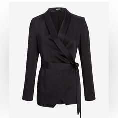 Pitch Black Our Most Loved Satin Blazer Now With A Chic And Flattering Tie Waist. This Blazer Looks Great At The Office Or At The Bars. Wear It With The Matching Pants Or A Pair Of Jeans. Features & Fabric Shawl Lapel Long Sleeves Tie Waist Straight Hem; Satin Fabric; Lined Length: Regular 29.5" Polyester Machine Wash Blended Fabric Imported It Is A Must Have In Your Closet. It Is Super Elegant. Perfect For Dressy Fabric. Stays Closed, Inside Button. Elegant Evening Blazer With Pockets, Black Silk Blazer With Lapel Collar, Chic Evening Outerwear With Suit Collar, Evening Long Sleeve Blazer With Pockets, Silk Outerwear For Work, Black Silk Blazer For Work, Silk Long Sleeve Blazer For Night Out, Elegant Lapel Collar Outerwear For Night Out, Chic Silk Outerwear With Suit Collar