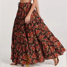 Charlie Holiday Floral Red Black Alfie Maxi Skirt. Nwt Size Black Floral Print Skirt For Vacation, Black Floral Print Maxi Skirt For Beach, Beach Black Floral Print Maxi Skirt, Casual Red Maxi Skirt For Vacation, Black Bohemian Maxi Skirt For Vacation, Bohemian Black Skirt With Floral Print, Green Maxi Skirt, Holiday Skirts, Red Trench Coat