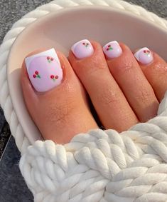 #nails #nailart #nailsofinstagram #coquette #nailartideas #pink #pedicure #nailidea l#cherry #cherries #frenchtipnails #toenails Cute Gel Pedicure Ideas, Biab Toe Nails, Christmas Tree Toe Nail Designs, Cherry Pedicure Designs, Simple Christmas Toe Nails, Girly Pedicure, Toenail Ideas Pedicures, Easy Toe Nail Designs For Beginners, Hibiscus Pedicure